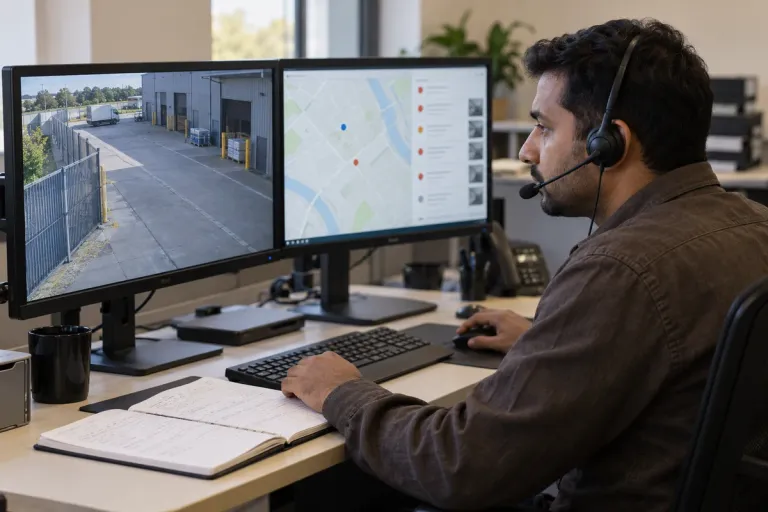 Illustration of an Asian operator reviewing footage and recording an incident handoff