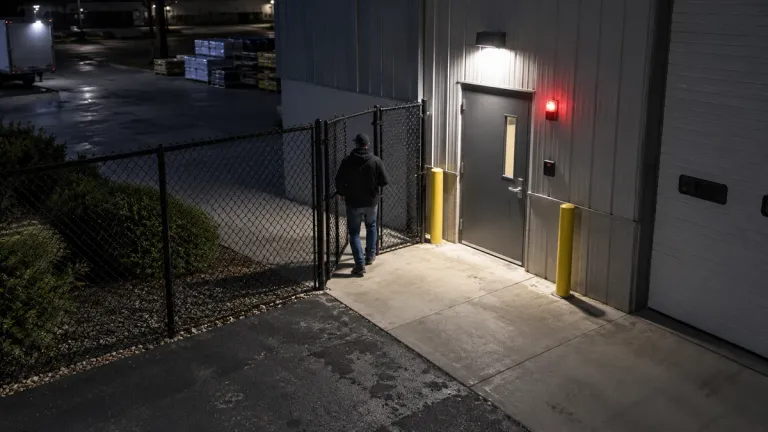 Illustration of an alarm at a warehouse entrance after dark