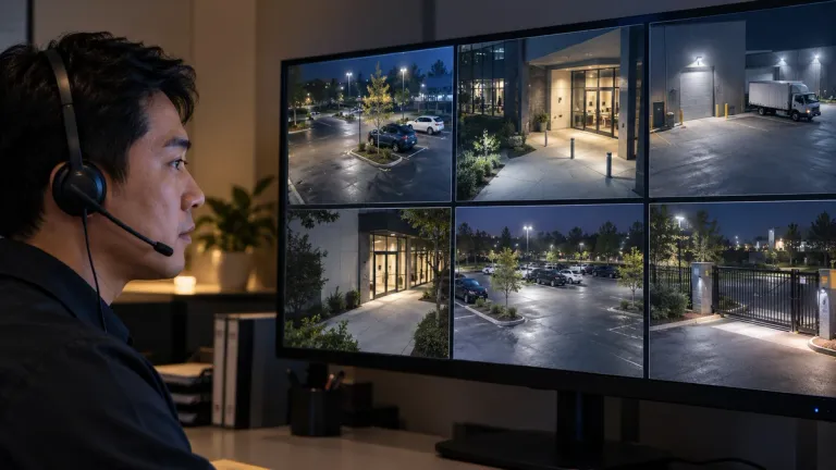 Illustration of a fictional monitoring specialist watching several live camera feeds