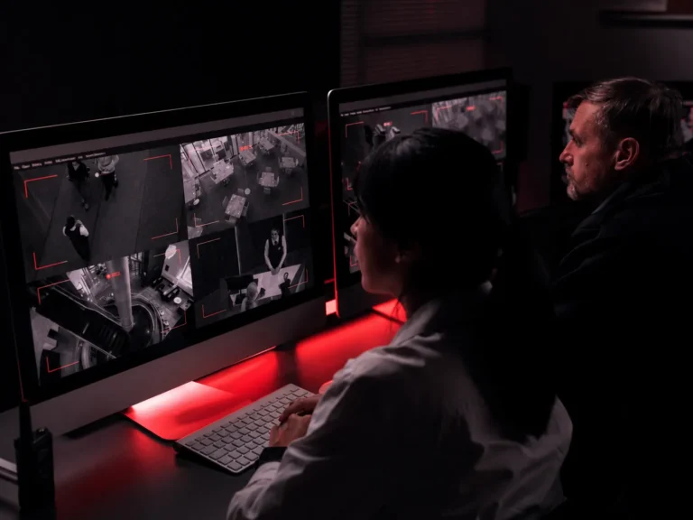 Security team monitoring live surveillance footage for suspicious activity