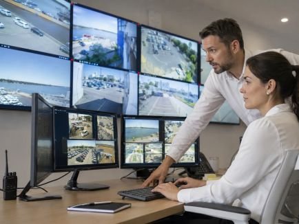 Security team reviewing live video feeds from multiple business locations