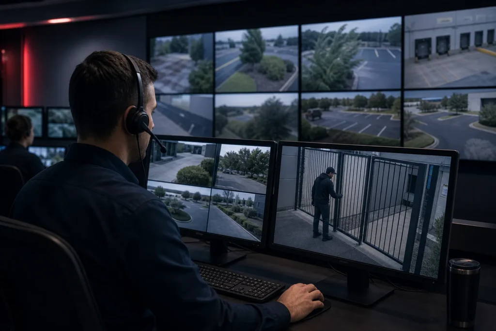 Remote security operator verifying a genuine incident among multiple camera alerts