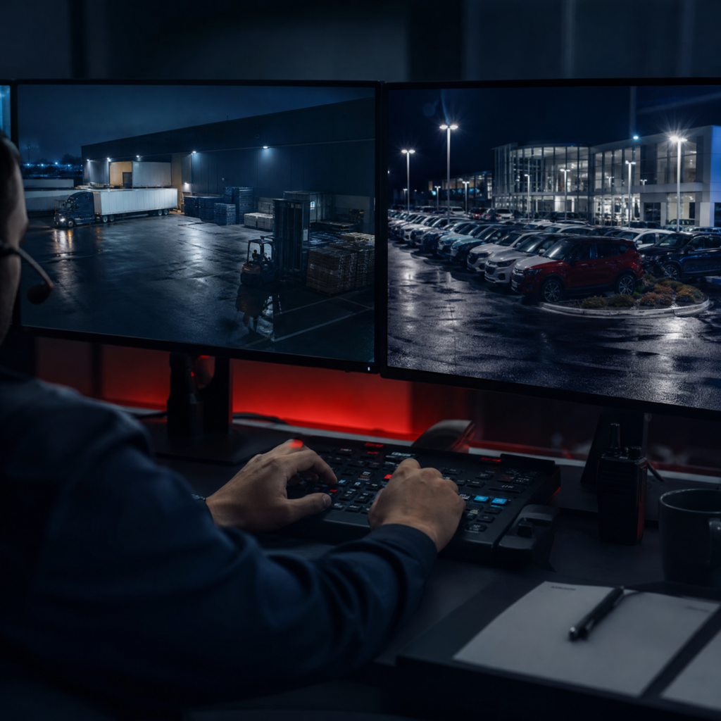 Operator comparing a warehouse yard feed and a car dealership lot feed side by side at night