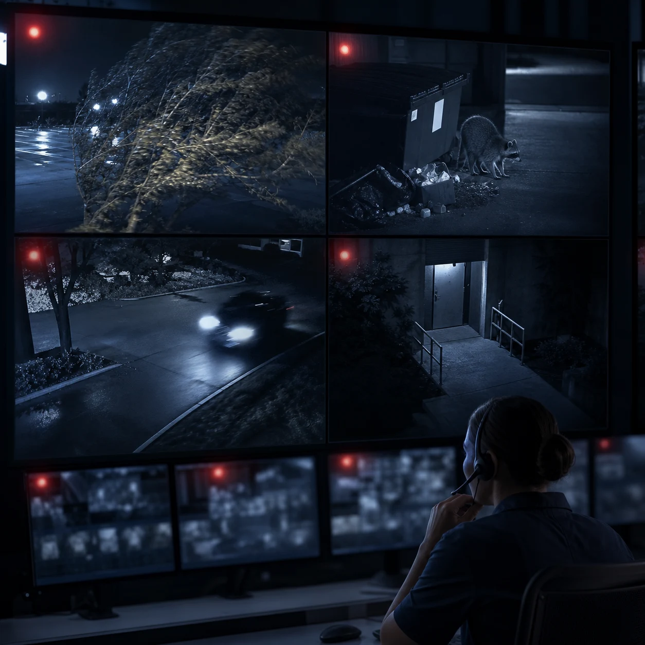 Editorial image showing common false-alarm triggers reviewed by a monitoring operator