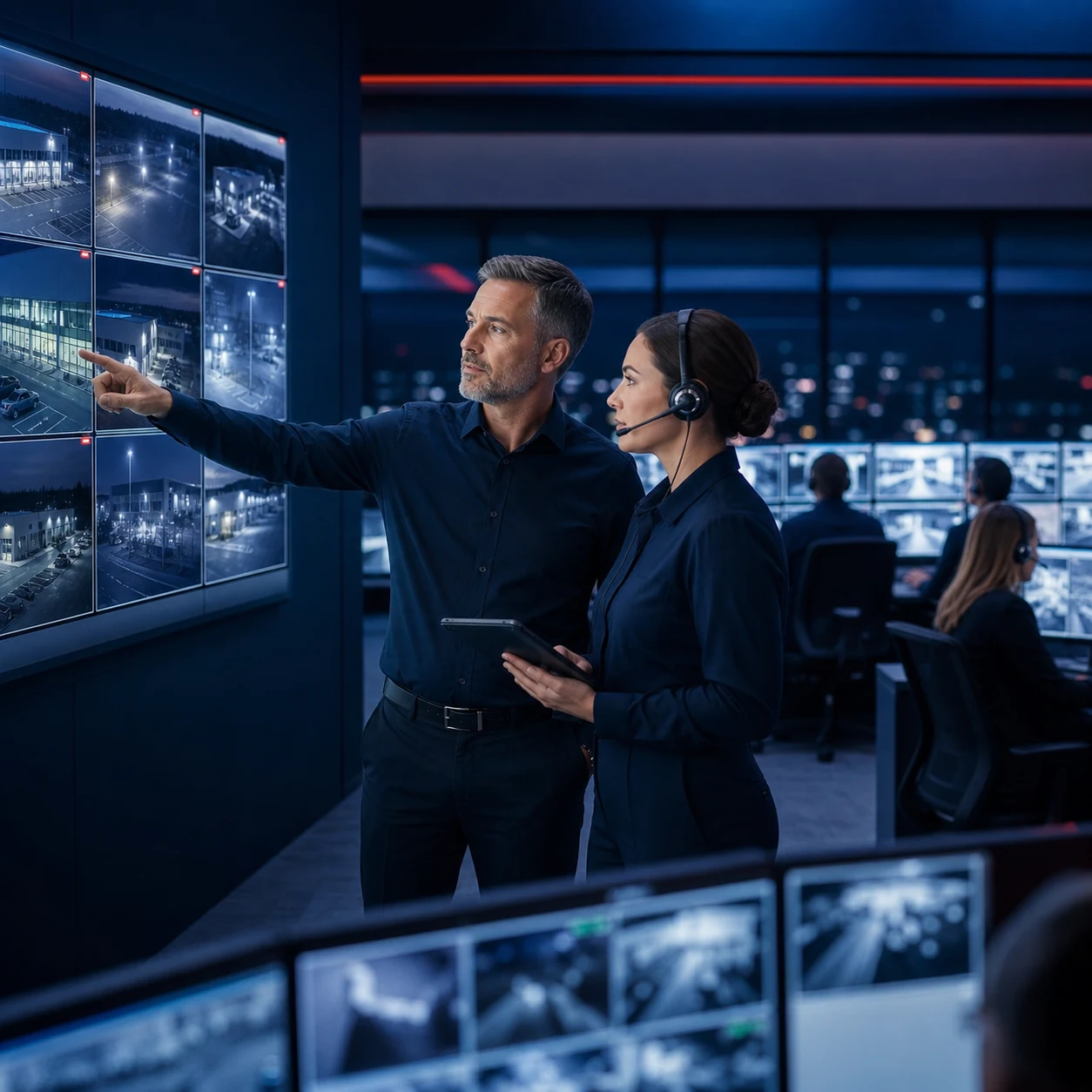 Monitoring company team coordinating restored around-the-clock coverage