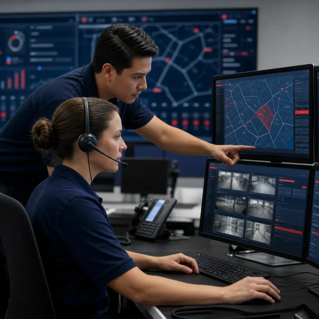 Security professionals coordinating a verified incident at a monitoring station