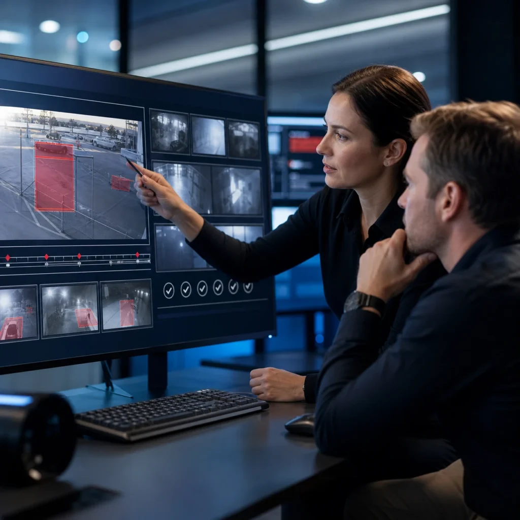 Analytics specialist and monitoring operator reviewing events and calibrating detection zones