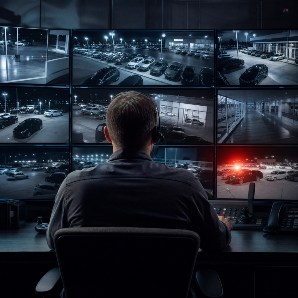 Security operator viewing live camera feeds of a car dealership lot at night