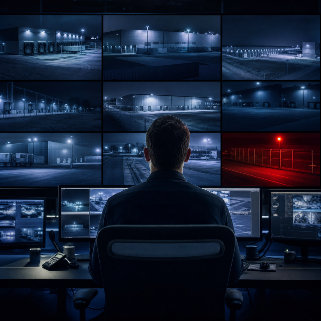 Security operator viewing live camera feeds of an industrial facility with loading docks and warehouses at night