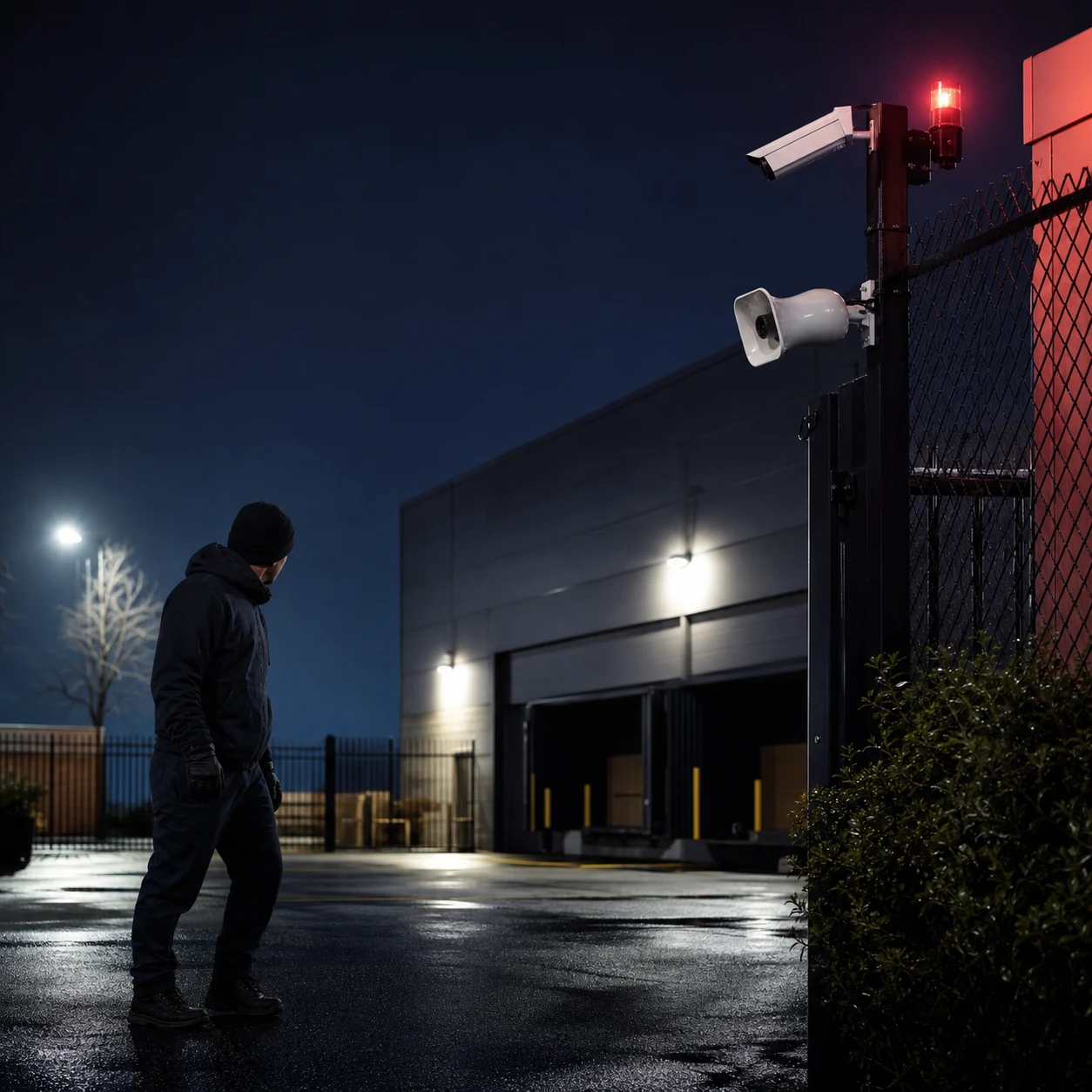 Live audio warning addressing suspicious activity at a commercial property