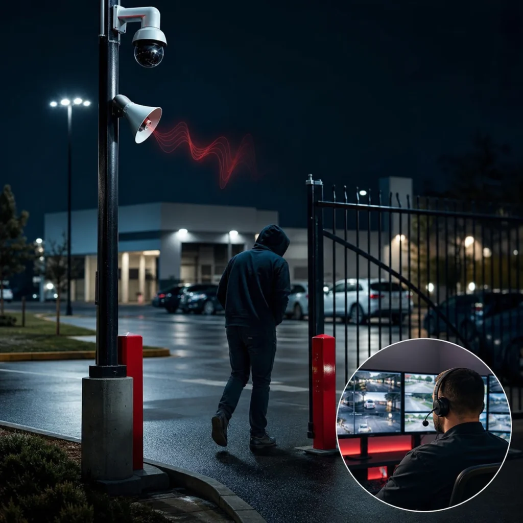 Person leaving a restricted commercial area after a live security warning