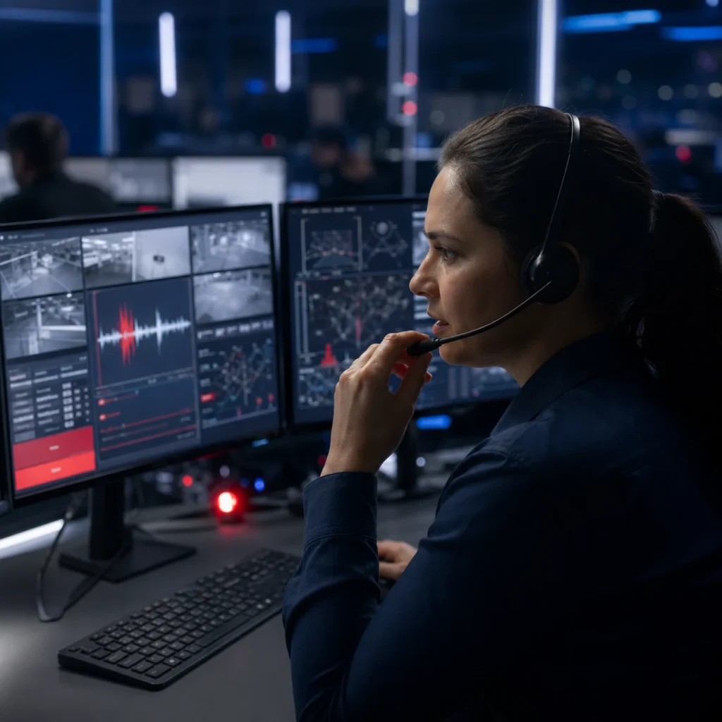 Monitoring operator delivering a live audio warning from a security operations center