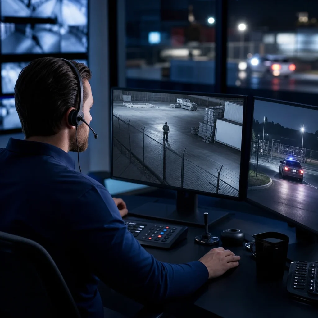 Monitoring operator verifying a commercial yard event before police dispatch