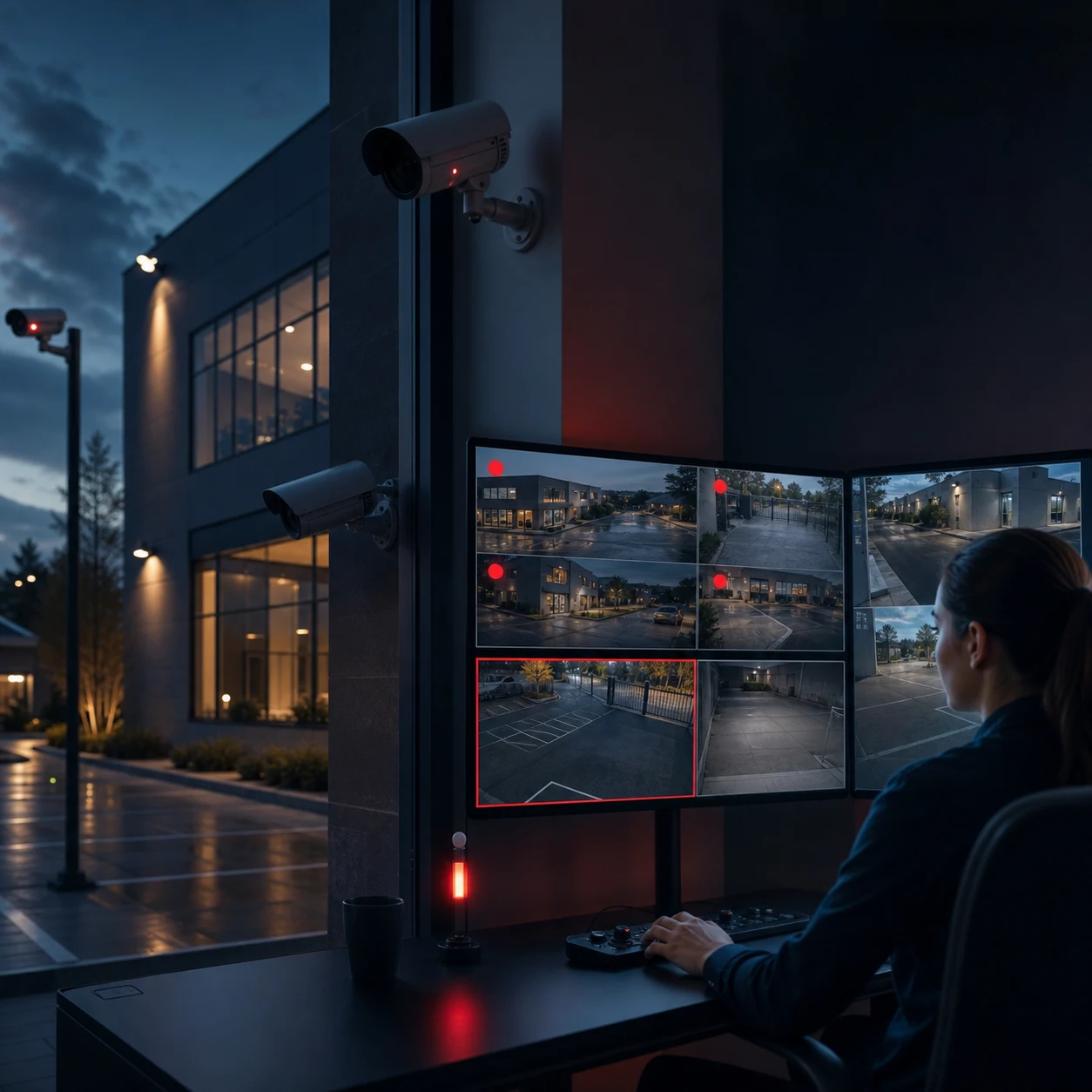 Remote operator reviewing camera feeds and multiple security alerts