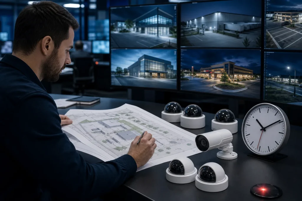 Security operations professional reviewing camera coverage, site plans, and monitoring requirements