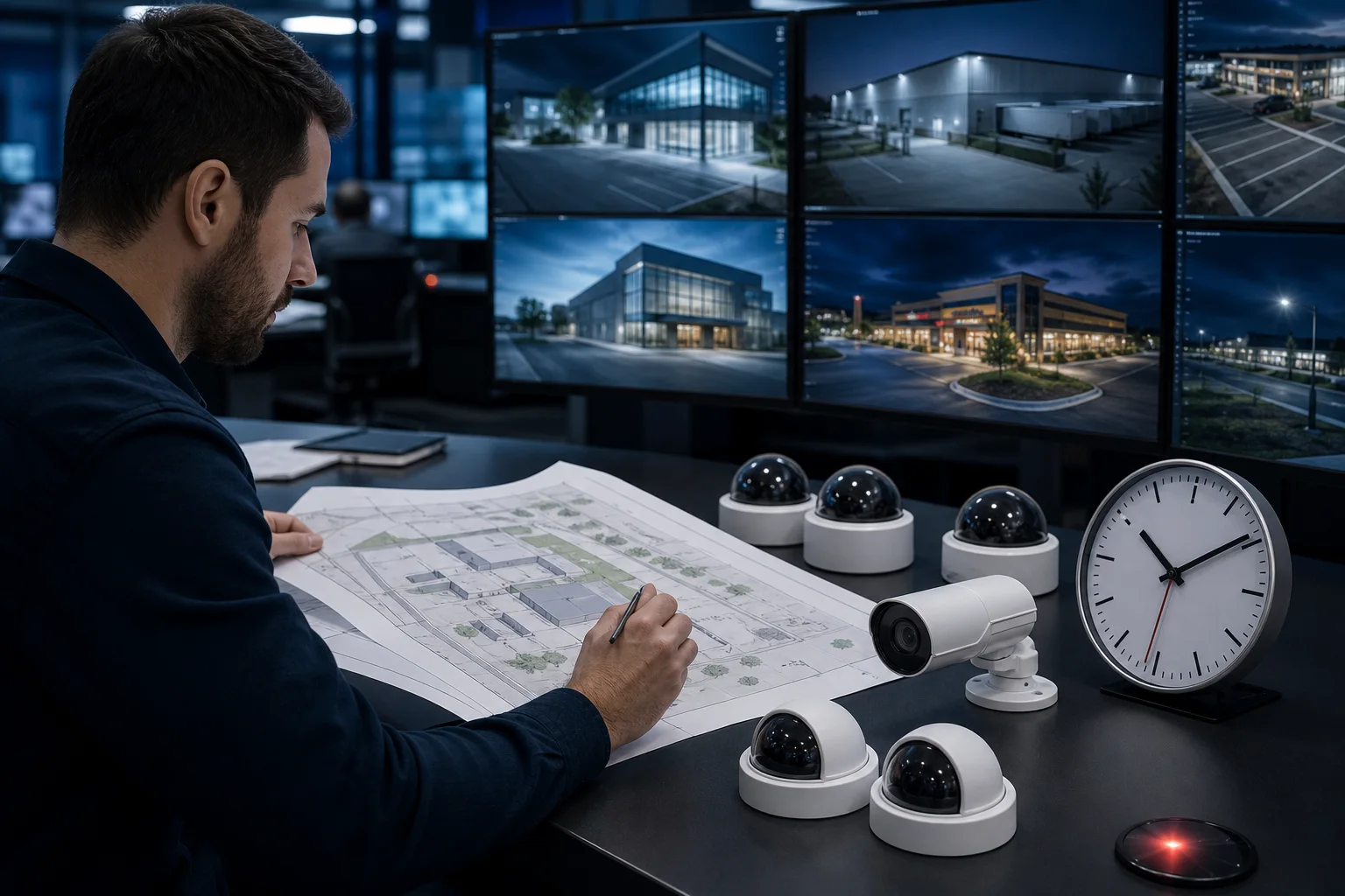 Security operations professional reviewing camera coverage, site plans, and monitoring requirements
