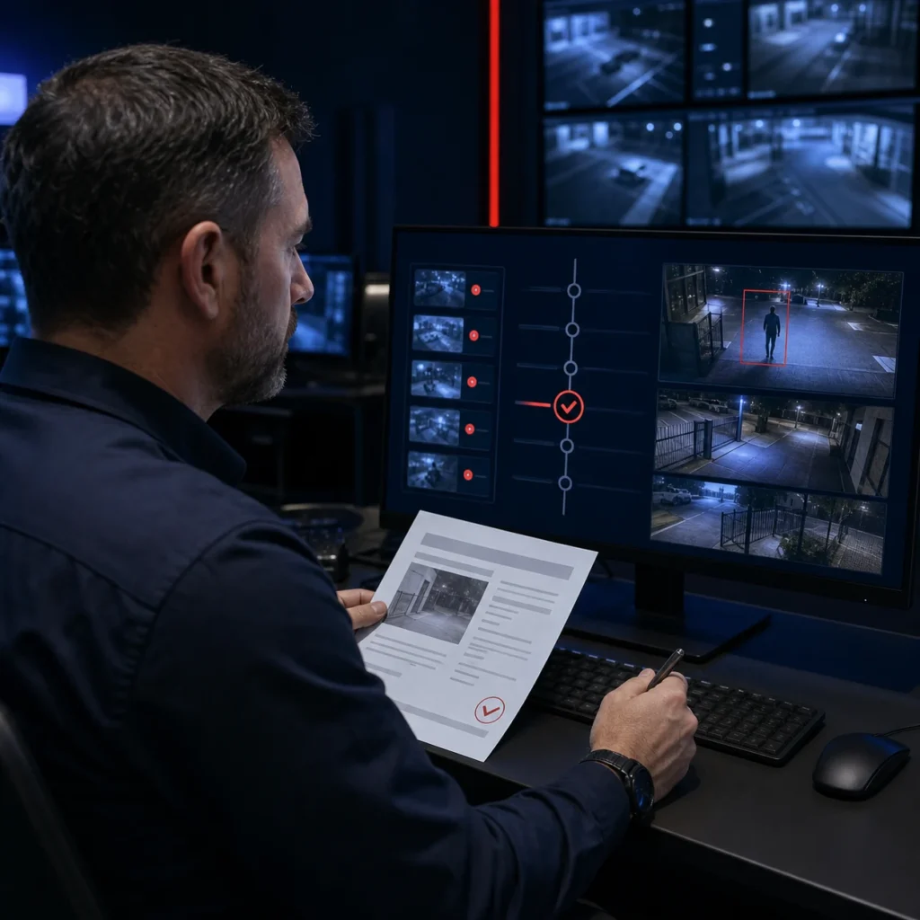 Security supervisor reviewing camera activity and verified incident records