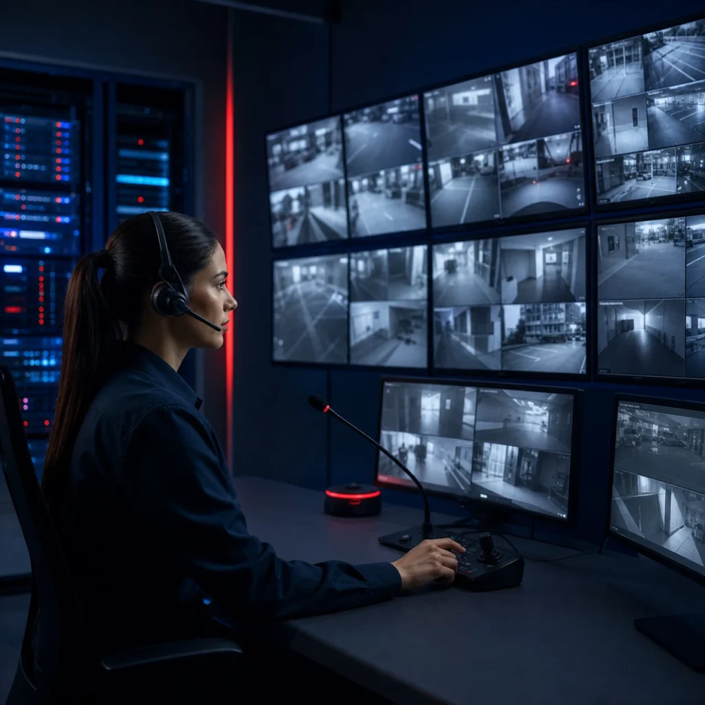 Security operations center combining live camera feeds with human monitoring