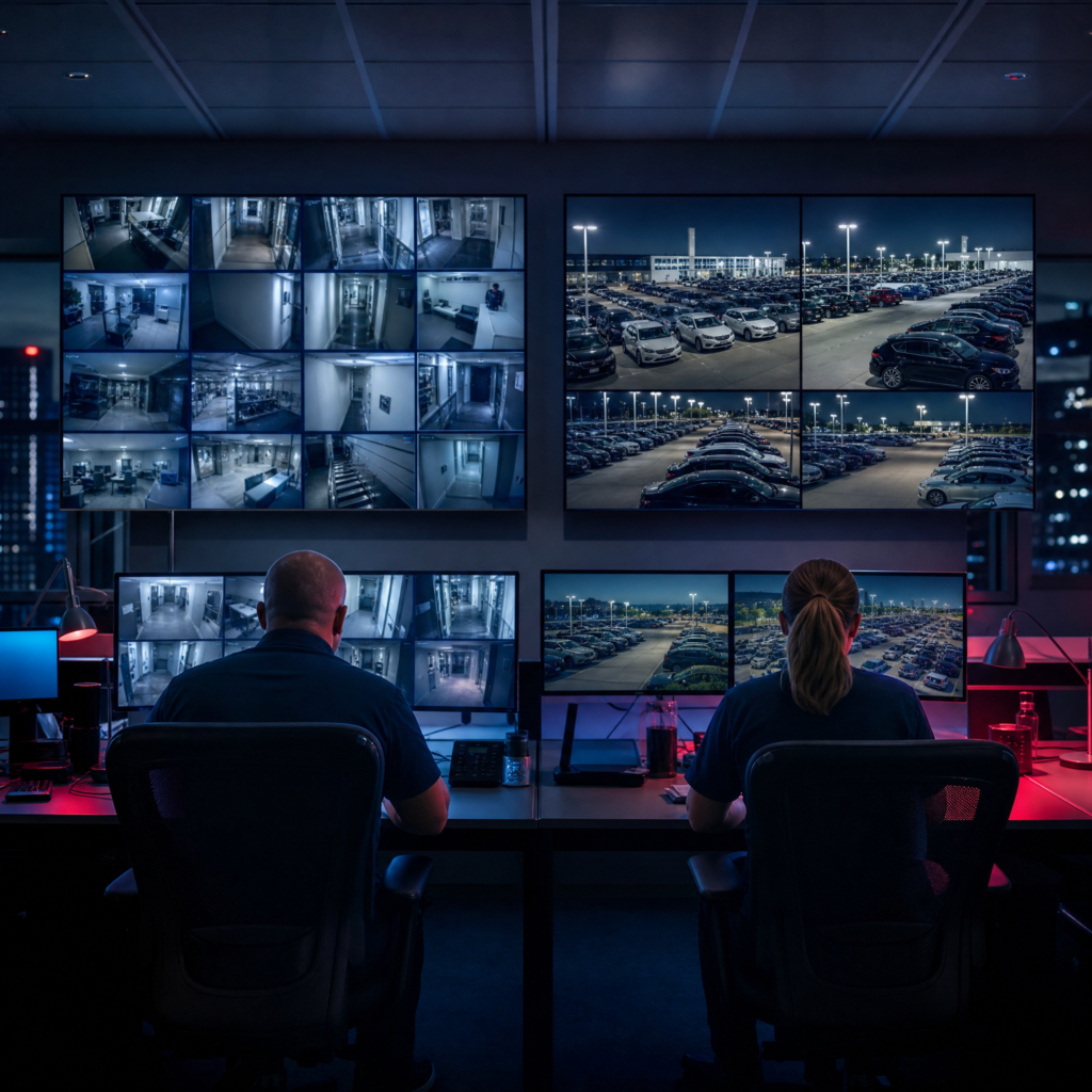 Security operations floor with two operators, one wall showing an office feed, the other a car dealership lot
