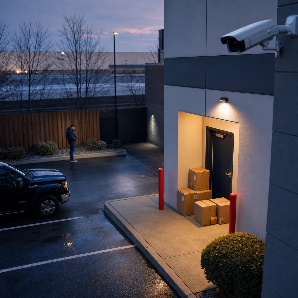 Commercial property with patrol coverage risks monitored by security cameras