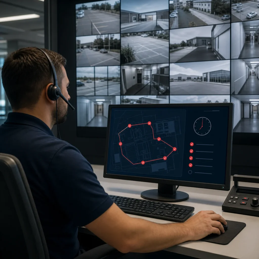 Monitoring operator conducting a virtual guard tour across multiple security zones