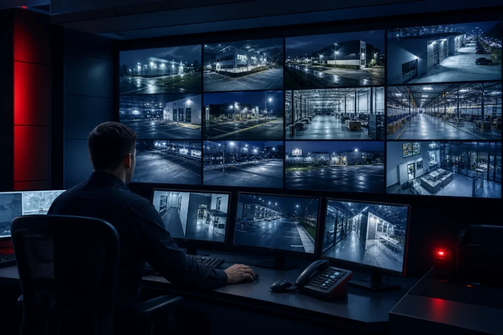 Remote security operator monitoring live camera feeds for commercial properties