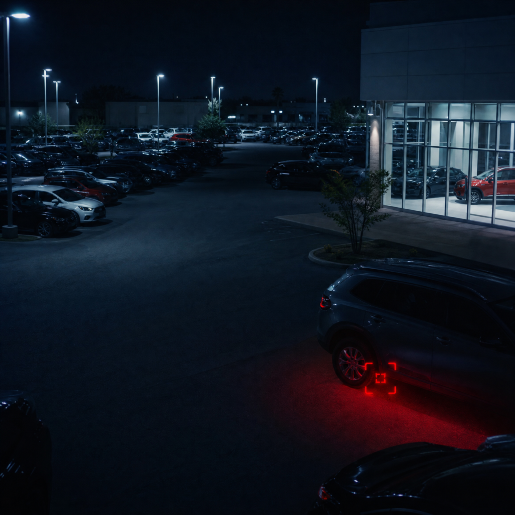 Camera feed of an empty dealership lot at night with a motion-alert marker near a vehicle undercarriage