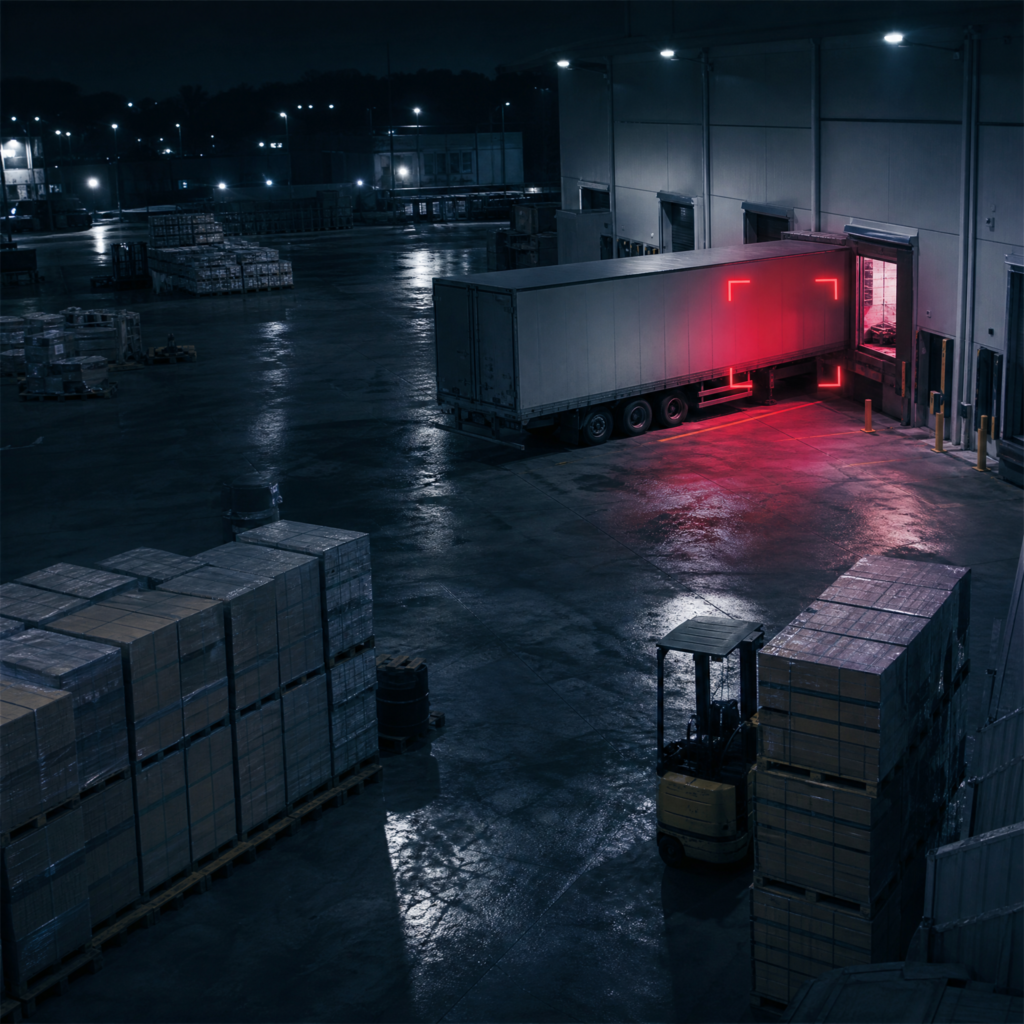 Camera feed of an industrial loading dock at night with a motion-alert marker near a trailer