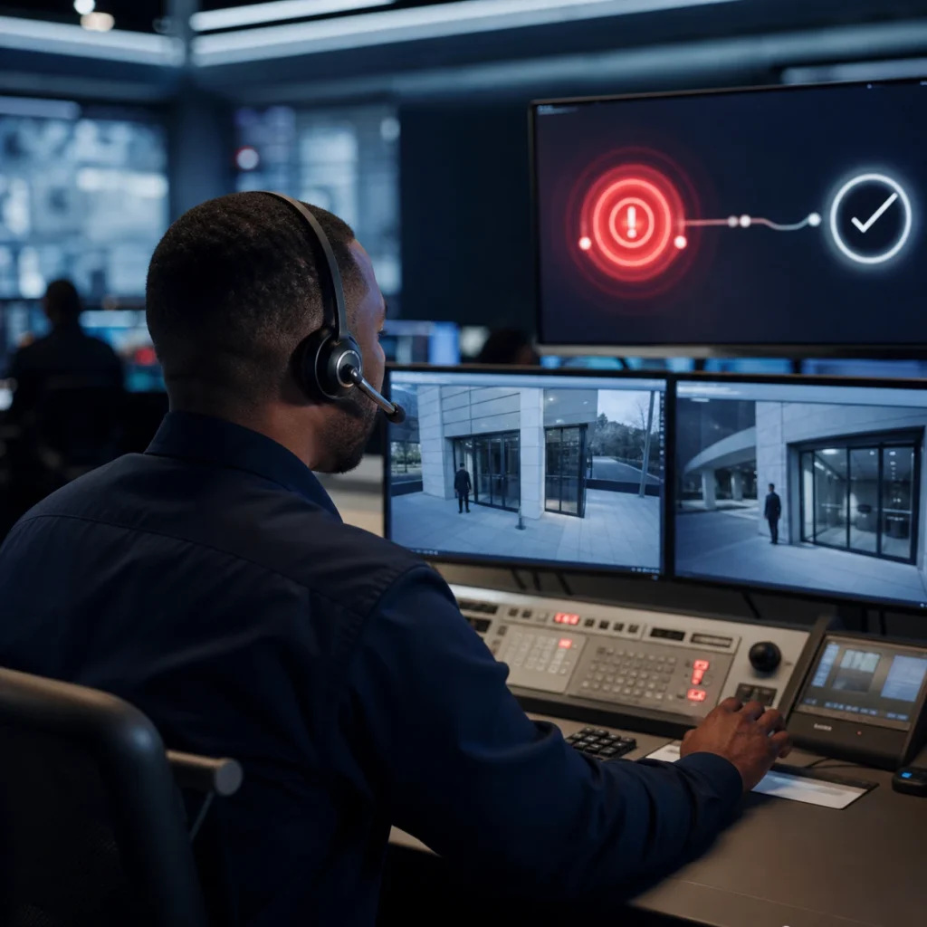 Monitoring operator comparing an alarm signal with synchronized commercial security camera views