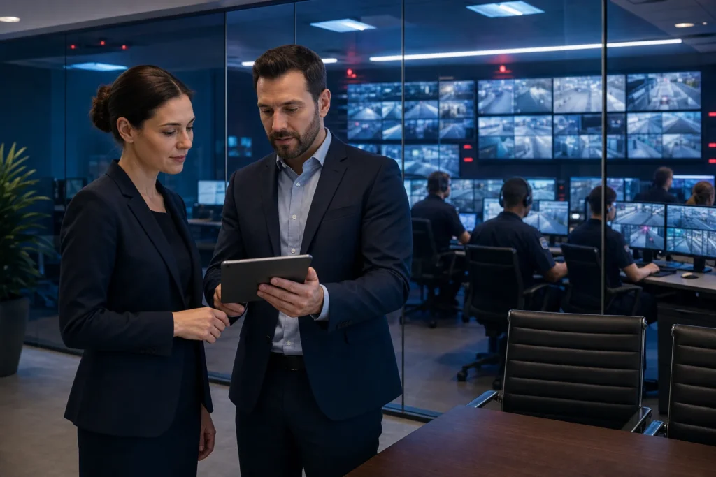 Security company professionals working with a remote video monitoring operations center